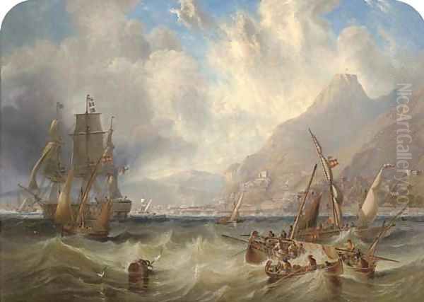 A large Second Rate, probably H.M.S. Asia, passing through local small craft off Gibraltar Oil Painting by James Wilson Carmichael