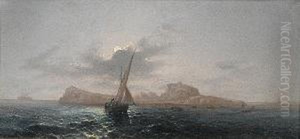 The Bay Of Naples By Moonlight; Capri By Moonlight, A Pair Oil Painting by Girolamo Gianni