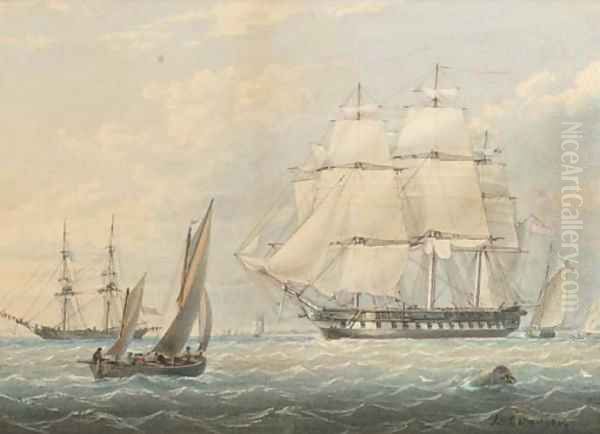 A Royal Naval frigate amidst other shipping at Spithead Oil Painting by James Wilson Carmichael