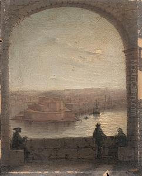 Fort St Angelo From Valletta, Moonight, Malta Oil Painting by Girolamo Gianni