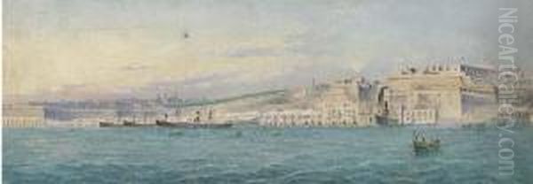 Merchant Steamers Lying At 
Anchor In Grand Harbour, Valetta; And An Iron-clad In The Harbour At 
Valetta Oil Painting by Girolamo Gianni