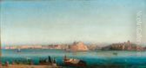 Views Of The Grand Harbour, Valetta, Malta: Sunrise; And Bymoonlight Oil Painting by Girolamo Gianni