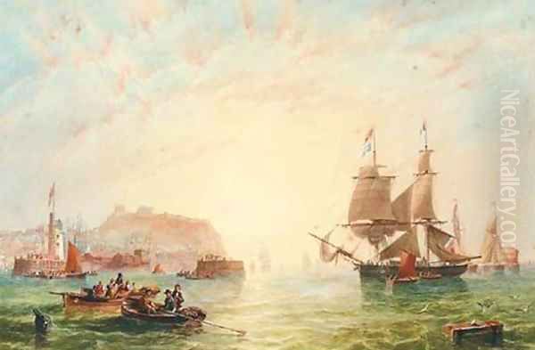 A trading brig and other vessels off the entrance to Scarborough Oil Painting by James Wilson Carmichael