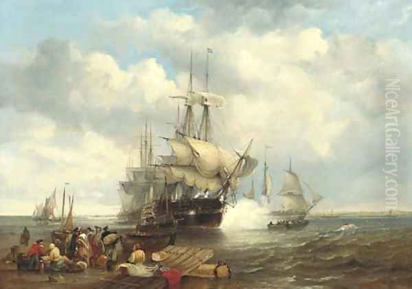 Four Indiamen preparing to leave the lower Thames with passengers embarking in the foreground Oil Painting by James Wilson Carmichael