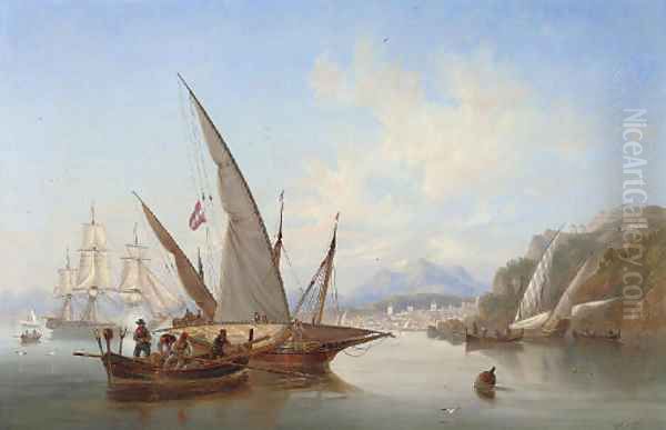 Local craft and a saluting frigate in the bay off Rethymnon, Crete, with the port's citadel rising to the right and Mount Ida in the distance beyond Oil Painting by James Wilson Carmichael