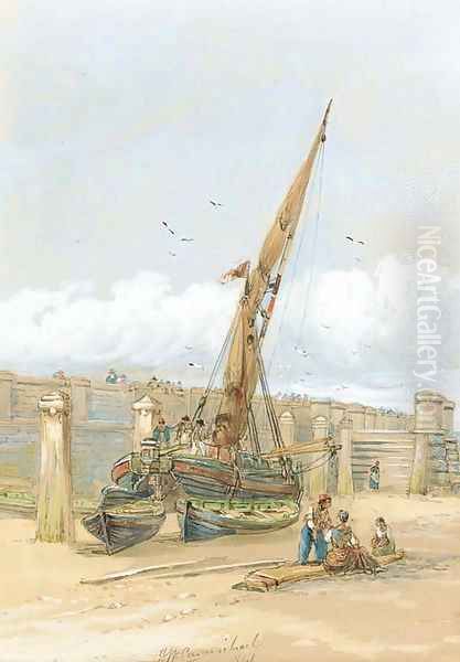 Fishermen gossiping before a beached vessel Oil Painting by James Wilson Carmichael