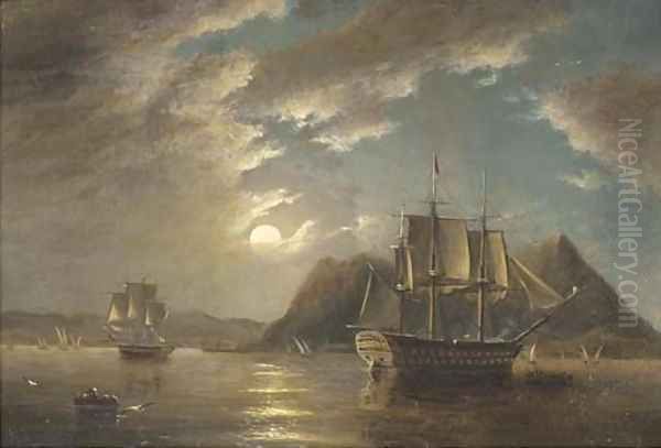 H.M.S. Minden 74, off Gibraltar, moonlight Oil Painting by James Wilson Carmichael