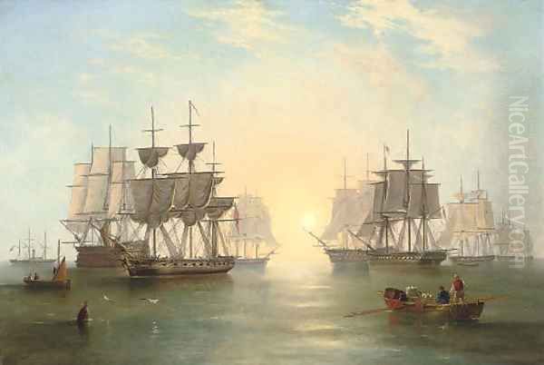 The fleet at anchor in an evening calm Oil Painting by James Wilson Carmichael