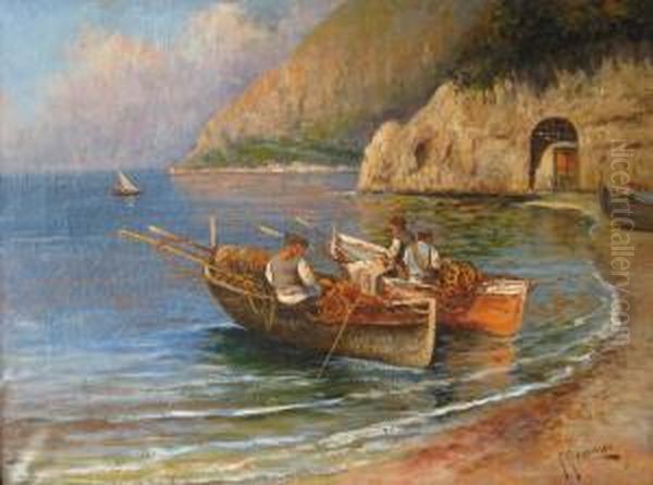 Pescatori A Riva Oil Painting by Giuseppe Giardiello