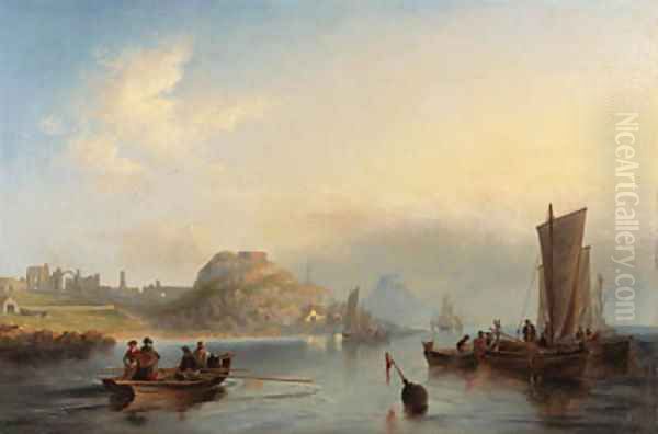 Fishing boats off Holy Island, Northumberland, with Lindisfarne Abbey and castle in the distance Oil Painting by James Wilson Carmichael