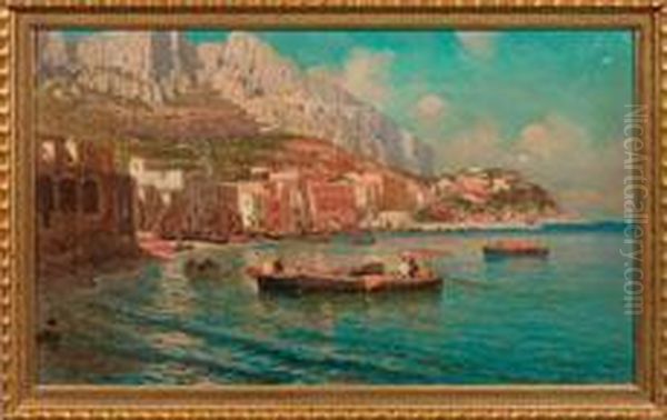 Ansicht Eines Pittoresken Fischerhafens An Der Kuste Von Capri Oil Painting by Giuseppe Giardiello