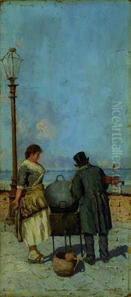 Napoli, Venditrice Di Castagne Arrosto Sul Lungomare Oil Painting by Giuseppe Giardiello