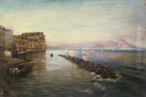 Marina Napoletana Con Veduta Del Vesuvio Oil Painting by Giuseppe Giardiello