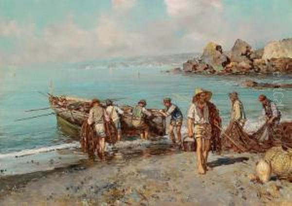 Pescatori Sulla Costa Napoletana Oil Painting by Giuseppe Giardiello