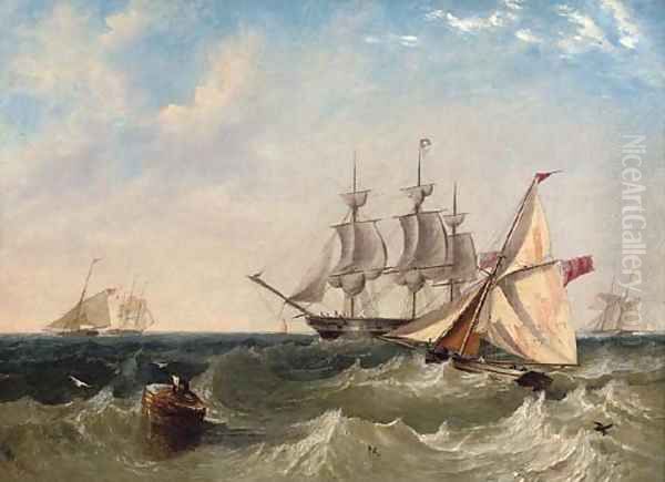 Naval cutters offshore with a frigate coming to anchor, probably at Spithead Oil Painting by James Wilson Carmichael