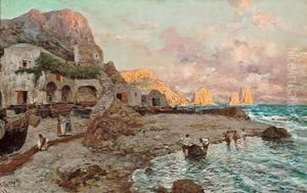 A View Of The Coast Of Capri With Figures Onthe Beach And I Faraglioni Beyond Oil Painting by Giuseppe Giardiello