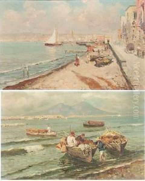 Fishermen In The Bay Of Naples Oil Painting by Giuseppe Giardiello