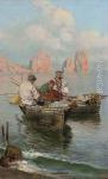 Fishermen Before I Faraglioni, Capri Oil Painting by Giuseppe Giardiello