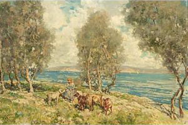 A Goatherd Near A Lake Oil Painting by Giuseppe Giardiello