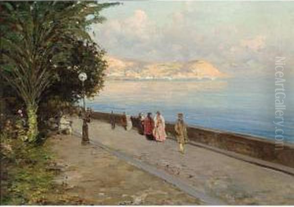 Figures On The Boulevard, Neapolitan Coast Oil Painting by Giuseppe Giardiello