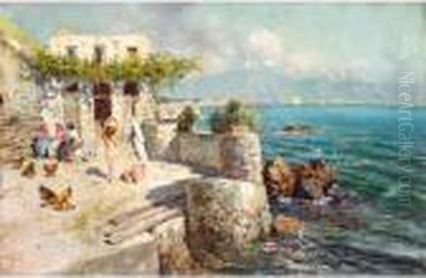 Italian Coastal Village Oil Painting by Giuseppe Giardiello