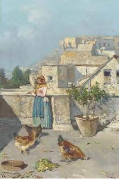 A Neapolitan Girl Feeding The Chickens Oil Painting by Giuseppe Giardiello