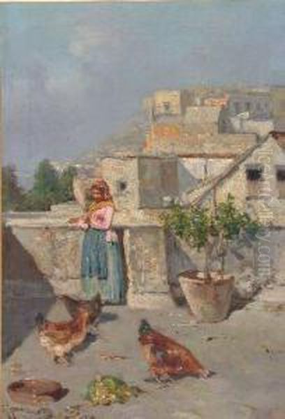 Feeding The Hens Oil Painting by Giuseppe Giardiello