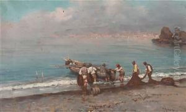 Fishermen Sorting Their Nets On The Neapolitan Coast Oil Painting by Giuseppe Giardiello