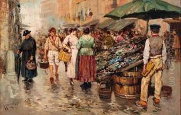 A Busy Market Oil Painting by Giuseppe Giardiello