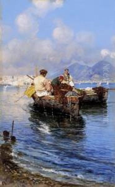 Fishermen In The Naples Bay With The Vesuv In The Background Oil Painting by Giuseppe Giardiello