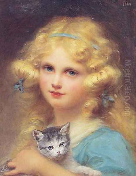 Portrait of a young girl holding a kitten Oil Painting by Edouard Cabane