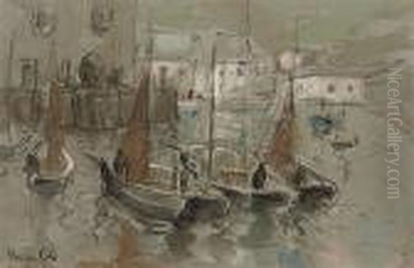 Fishing Boats In The Harbour Oil Painting by Harry Phelan Gibb