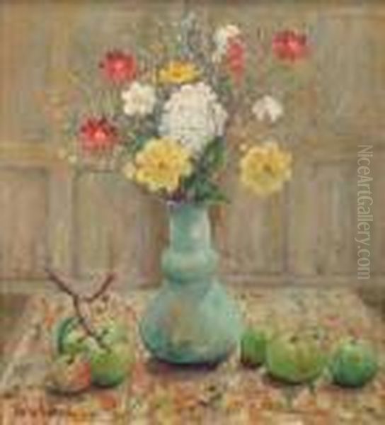 Stilllife Of Autumn Flowers Oil Painting by Harry Phelan Gibb