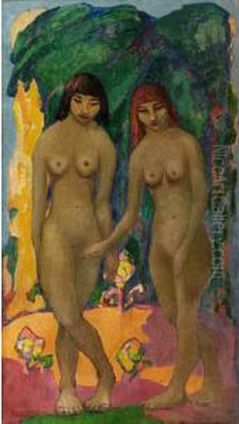 Two Nudes In Landscape Oil Painting by Harry Phelan Gibb