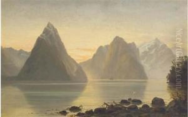 Mitre Peak And The Waters Of Milford Sound, New Zealand Oil Painting by John Gibb