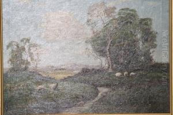 Sheep Grazing On A Hillside Oil Painting by Thomas Henry Gibb