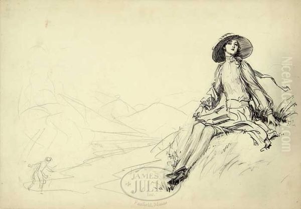 Unfinished Sketch: Girl On Hill Oil Painting by Charles Dana Gibson