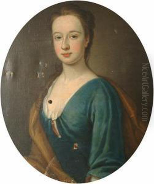 Portrait Of A Lady Bust-length, 
In A Blue Dress With A White Chemise And A Brown Wrap, In A Painted Oval Oil Painting by Thomas Gibson