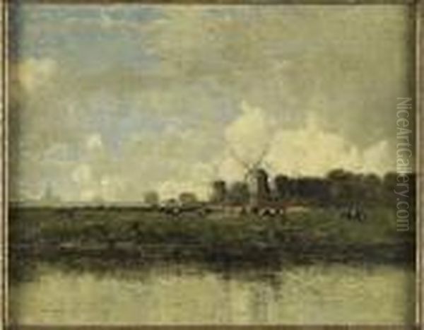 Windmills Beside A Canal Oil Painting by William Alfred Gibson