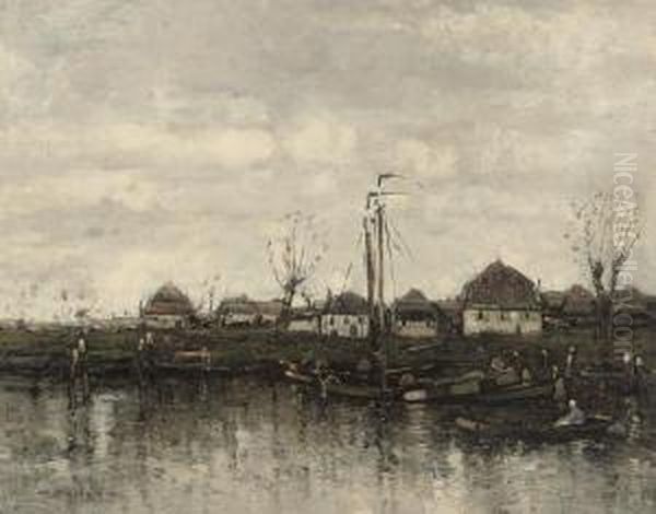 Barges On A Dutch Canal Oil Painting by William Alfred Gibson