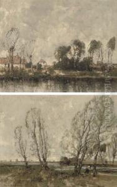 A Figure On A River Bank With Cottages Beyond; And A Figure On A Riverside Track Oil Painting by William Alfred Gibson