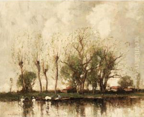 A Dutch Canal Side Oil Painting by William Alfred Gibson