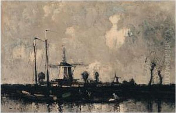 Dutch Fishing Boats With A Windmill Beyond Oil Painting by William Alfred Gibson