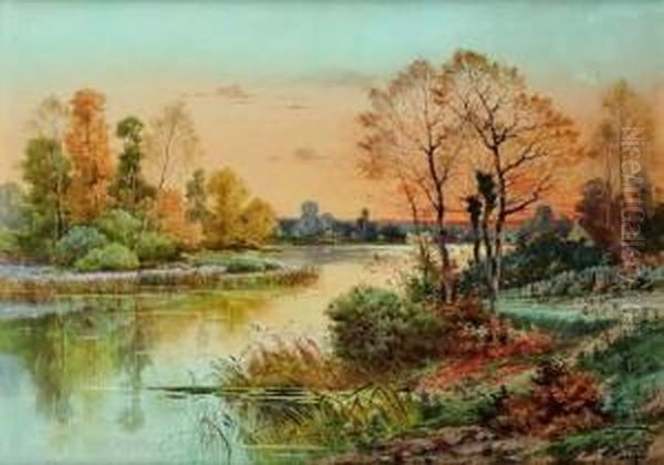 Coucher De Soleil Sur La Riviere Oil Painting by Hippolyte Jean Adam Gide