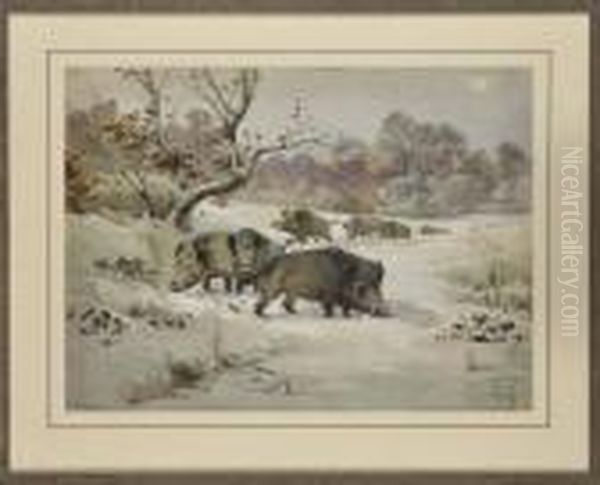 Compagnie De Sangliers Sous La Neige Oil Painting by Hippolyte Jean Adam Gide