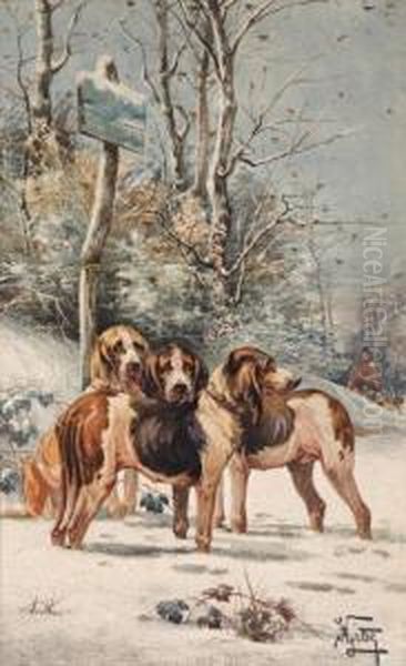 Chiens De Chasse Dans La Neige Oil Painting by Hippolyte Jean Adam Gide