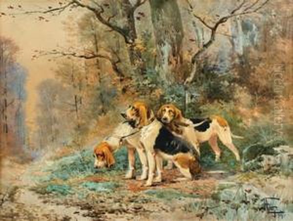 Chiens De Chasse En Foret Oil Painting by Hippolyte Jean Adam Gide