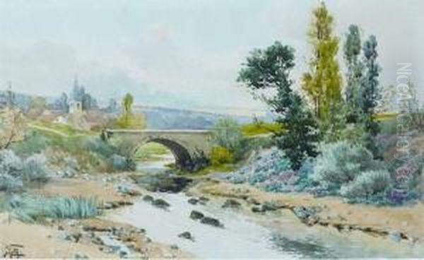 Paysage Au Pont Avec Un Clocher D'eglise Oil Painting by Hippolyte Jean Adam Gide