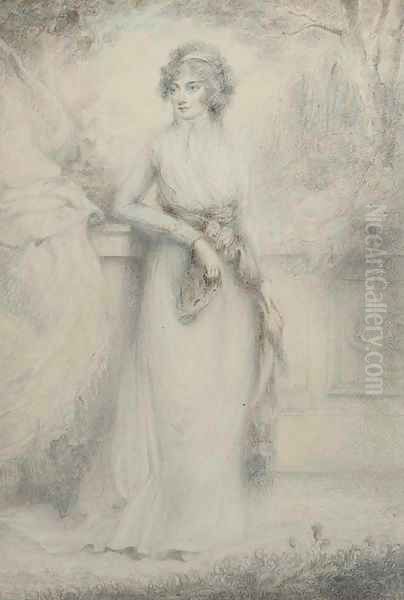 Portrait of a lady, small full-length, standing before a balustrade Oil Painting by Richard Cosway