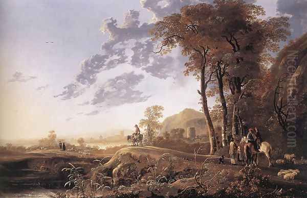 Evening Landscape with Horsemen and Shepherds 1655-60 Oil Painting by Aelbert Cuyp